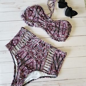 High Waist Cut Out Bandeau Purple Boho Bikini